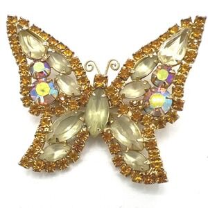 Weiss Butterfly AB Yellow Brooch AB Rhinestone Signed Gold Tone